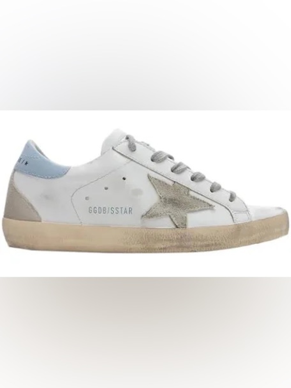 Authentic Golden Goose White Leather Sneakers with Silver Star and Light Blue